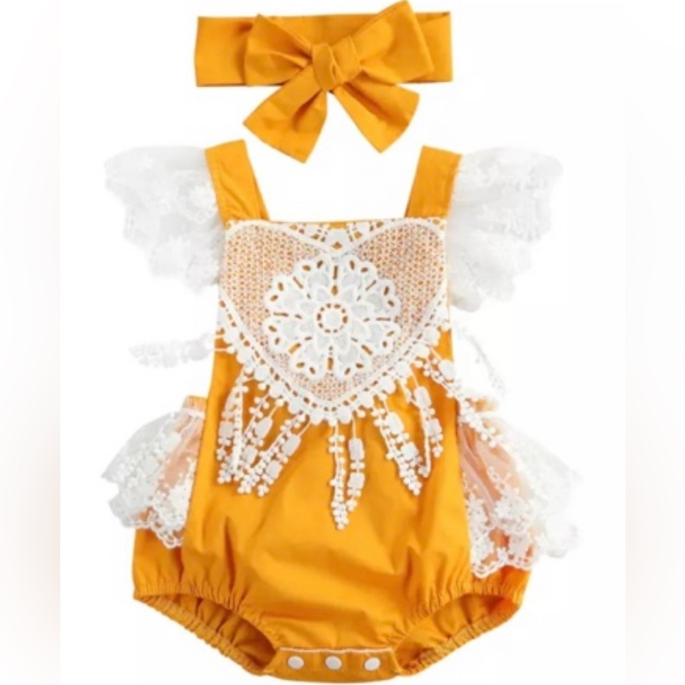 Mustard Yellow Baby Romper with Lace and Bow 100% cotton with matching headband
